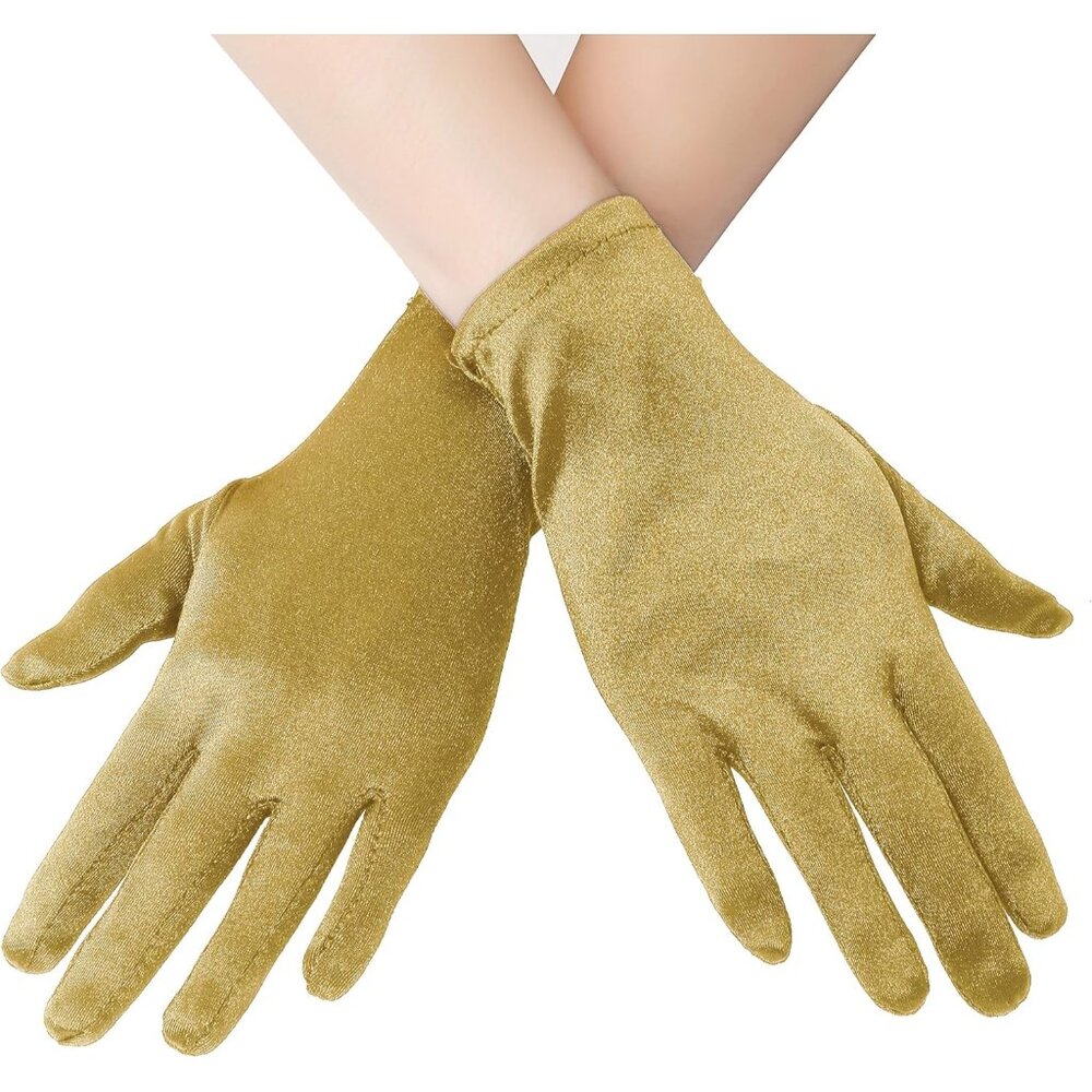 Women's 8-6 Gold Elastic Short Length Satin Wrist Gloves Wedding Bride Prom